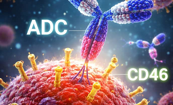 Illustration of an antibody‑drug conjugate binding to CD46 on a prostate cancer cell